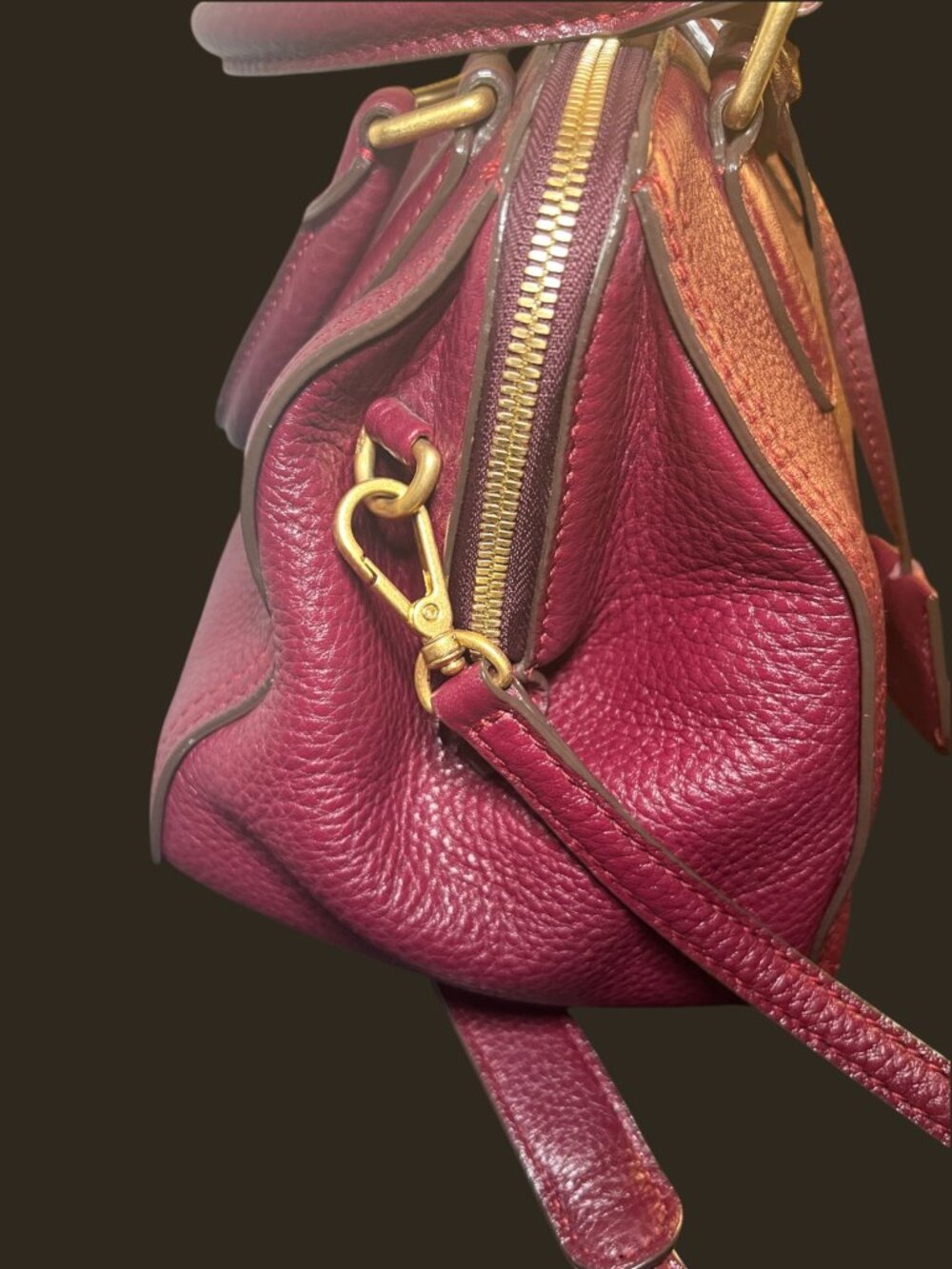 MCM München Burgundy Pebbled Leather Boston Satchel Crossbody Bag Gold Hardware - Picture 12 of 14